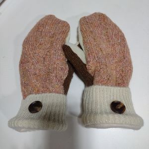 Homemade wool sweater mittens woth blizzard fleece lining